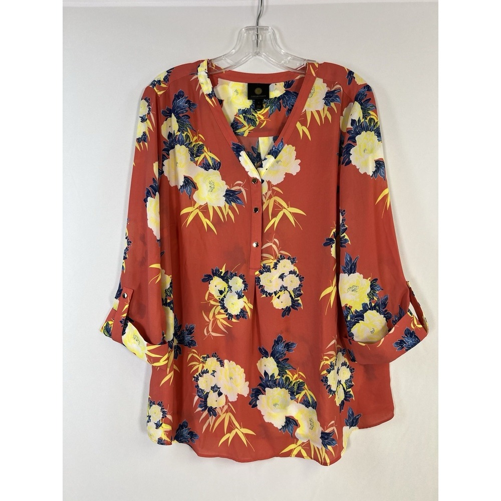 Women's JM Collection Button Down Top Sz‎ L Feminine Floral V-Neck Orange